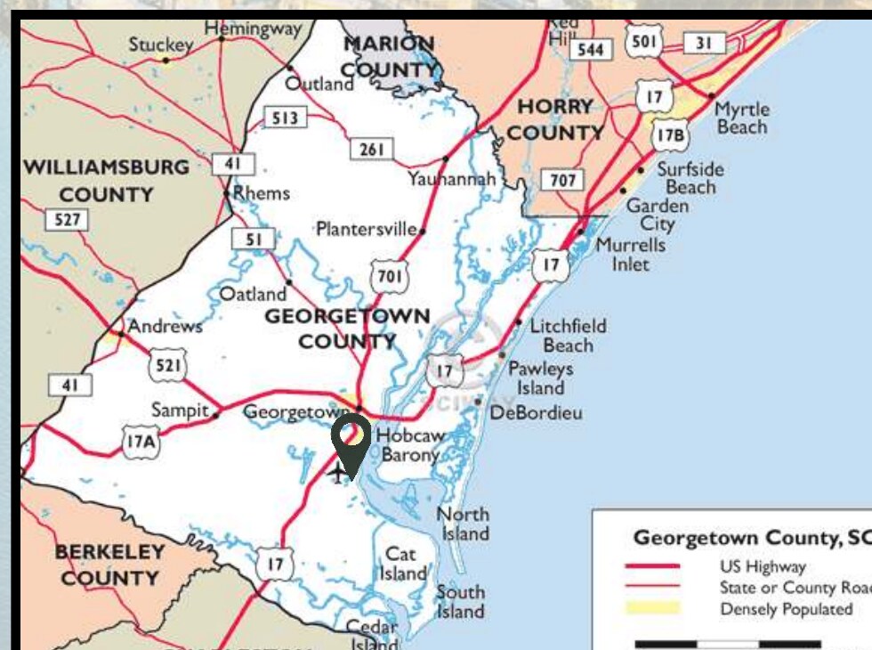 Regional map showing the property just south of Georgetown near the coast